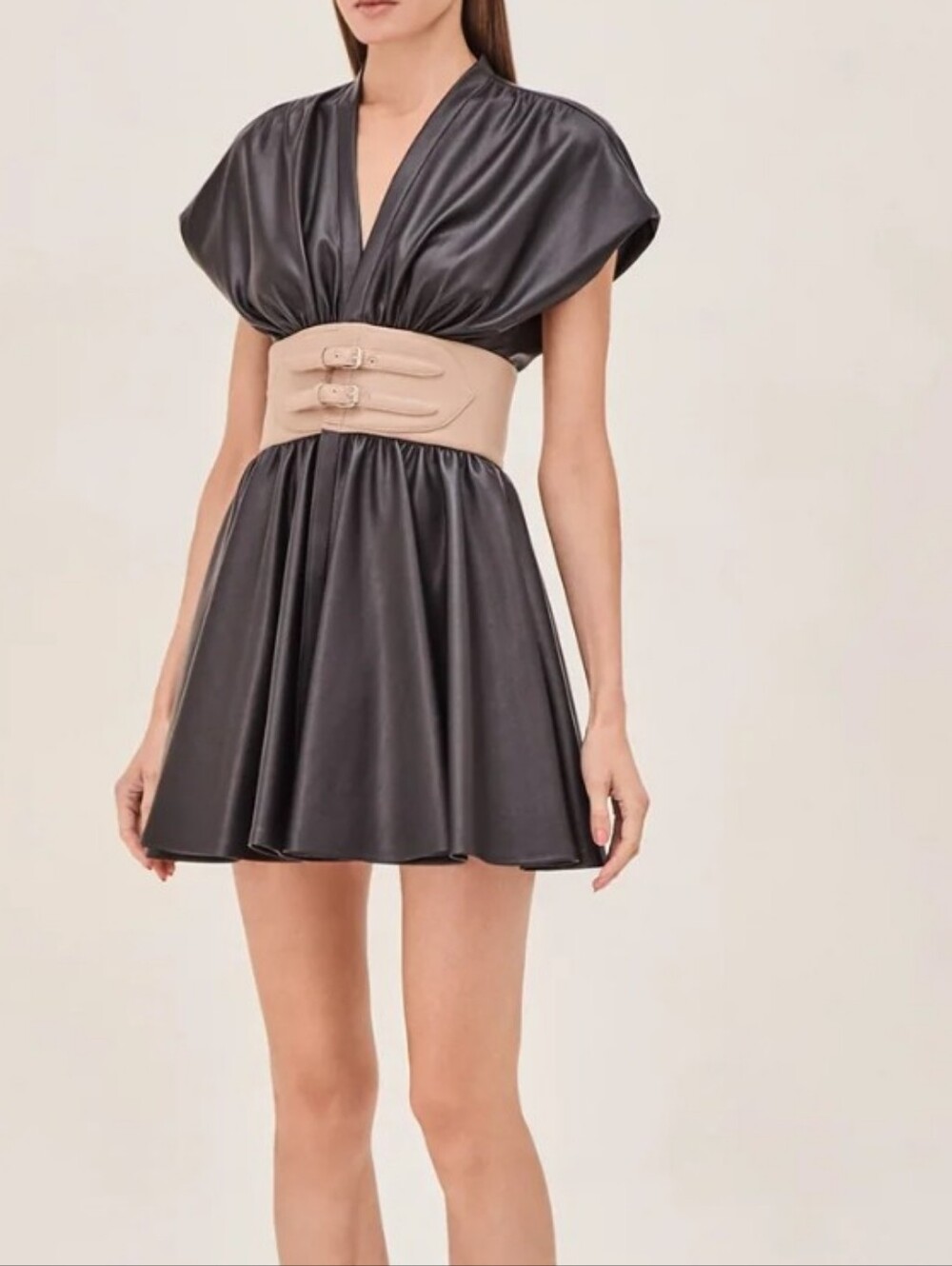 Alexis Berlin Black Short V-Neck Vegan Leather Dress with‎ Beige Waist Belt New
